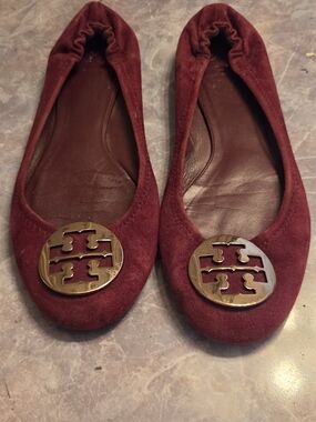 Tory Burch Burgundy Suede Reva Logo Ballet Flats